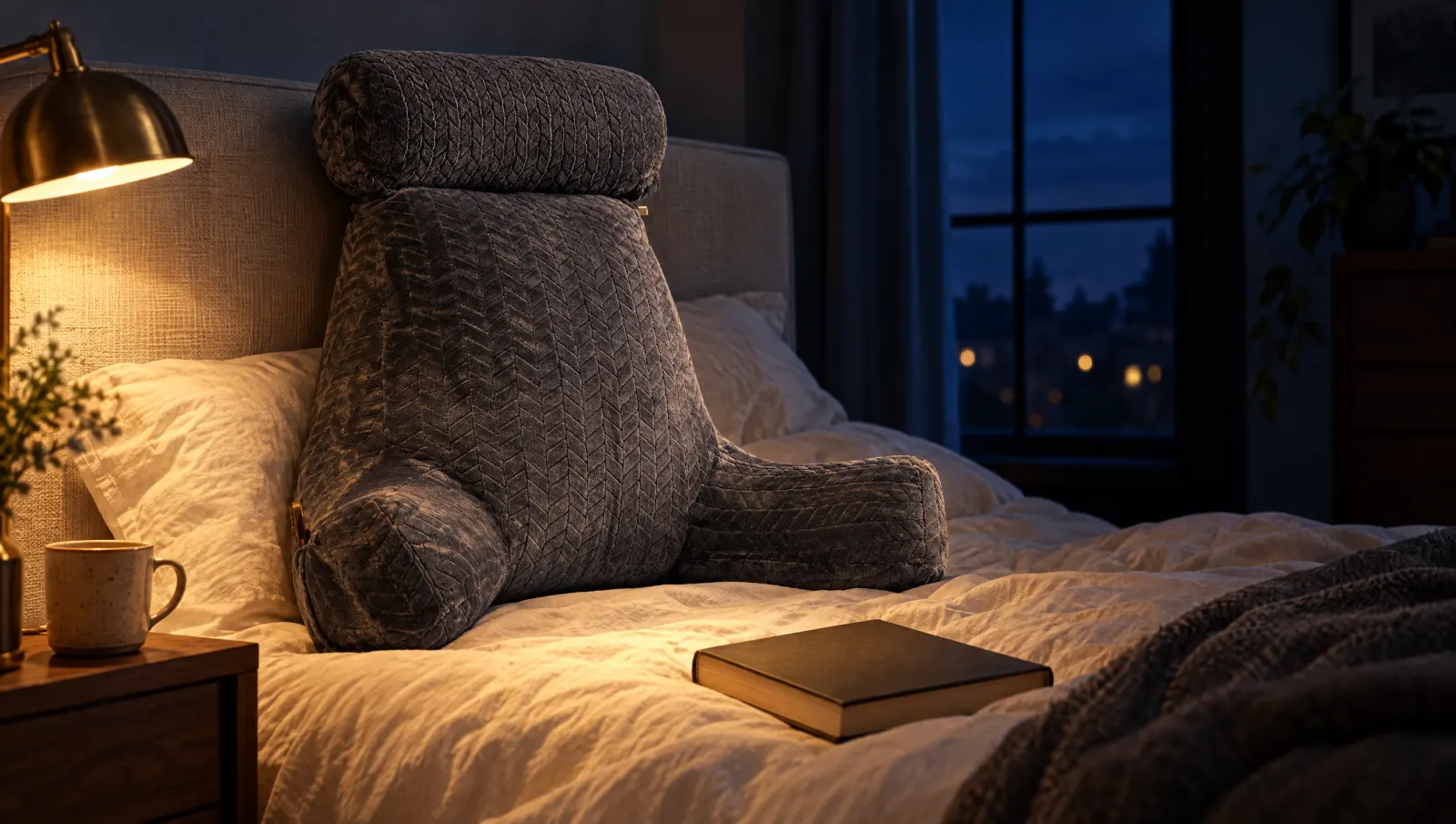 Le coussin de lecture calé contre une tête de lit, à côté d'une lampe de chevet allumée et d'un livre