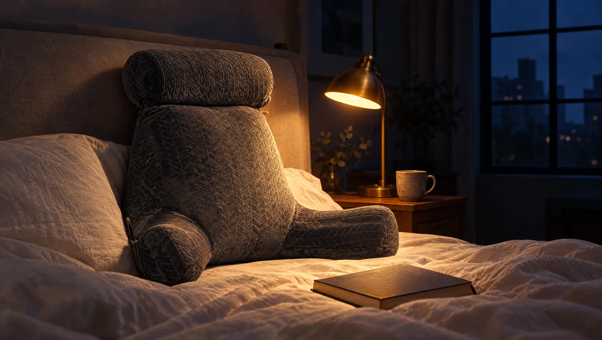 Coussin de lecture en velours gris posé sur un lit, éclairé par une lampe de chevet, un livre ouvert sur la couette